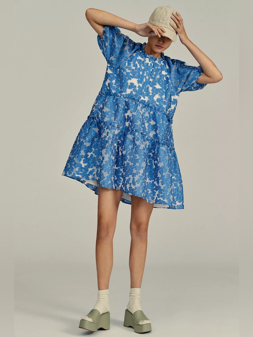 Maeve Anthropologie Tiered Jacquard Dress Blue Textured Puff Sleeve Petite SP - Picture 3 of 8